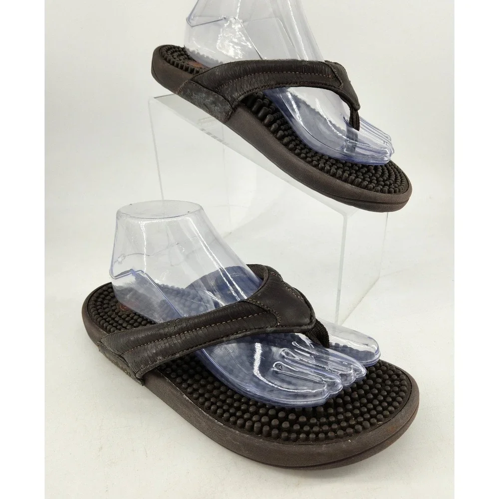 Kenkoh Spirit V Flip Flop Sandals Mens 9 Brown Leather Acupressure Massage 2314